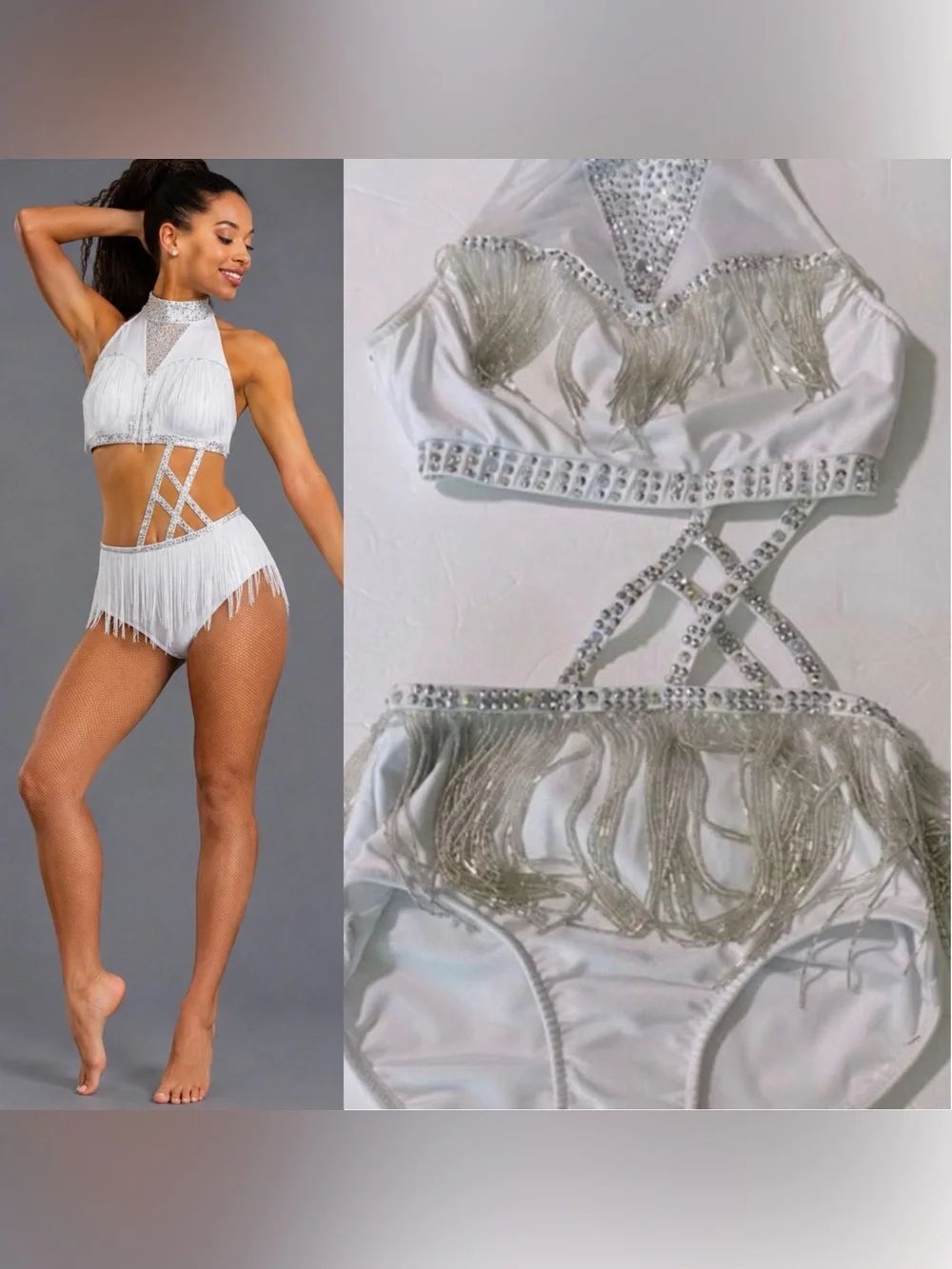 Glamour solo dance costume white fringe rhinestone tap jazz Broadway XSA adult